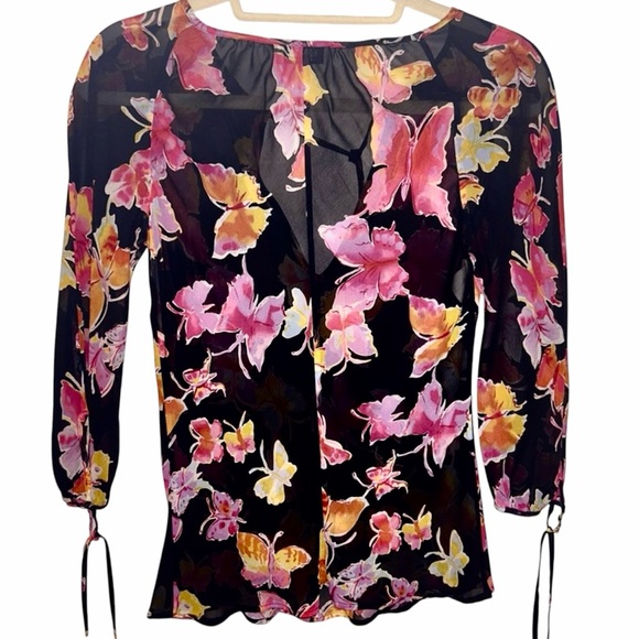 Moschino Vintage 90s Butterfly Print Sheer Blouse | Black + Pink Size XS/S 0-2 - Picture 2 of 10